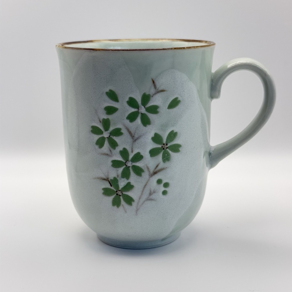 Celadon Glaze Mug Embossed Floral Stoneware Green Botanical Tea Cup